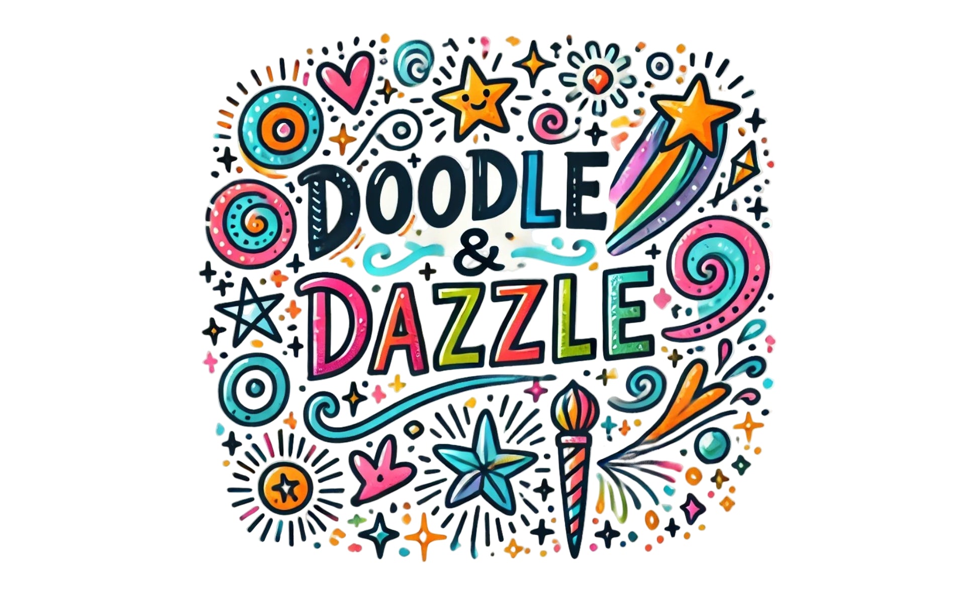 Colorful book cover with 'Doodle & Dazzle' text and doodle elements on a white background